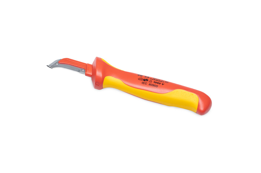 Coltello da spogliarello con pattino scorrevole per l'apertura di una camicia di bendaggio per tubi.